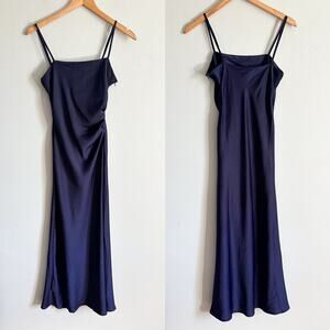 House of Harlow 1960 Dark Blue Satin Ruched Maxi Slip Dress